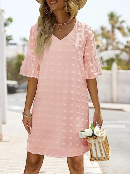 

Elegant V Neck Lace Chiffon Flare Sleeve Dress, Pink, Dresses