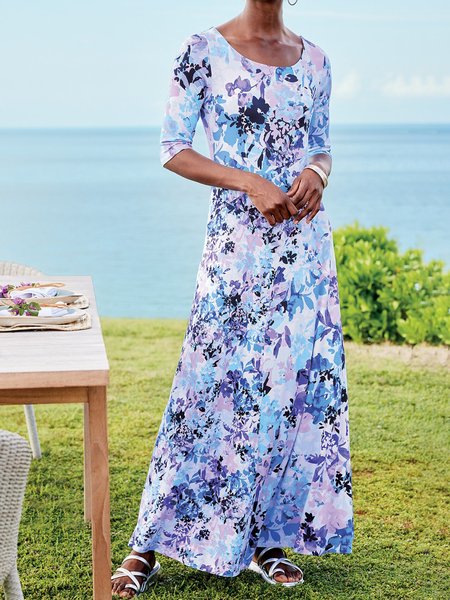 

Women Floral Crew Neck Half Sleeve Comfy Vacation Maxi Dress, Purple, Maxi