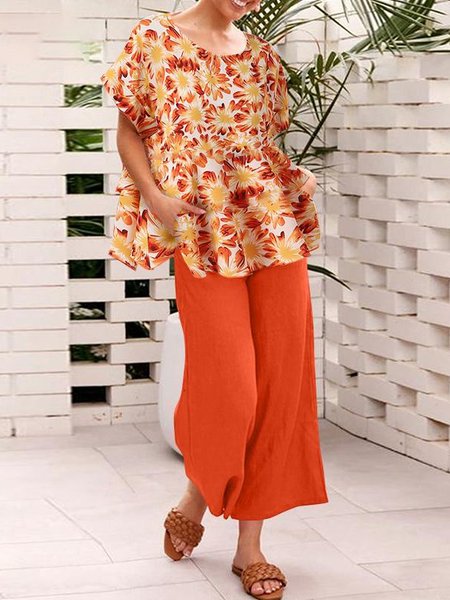 

Floral Casual Loose Two-Piece Set, Orange, Suit Set