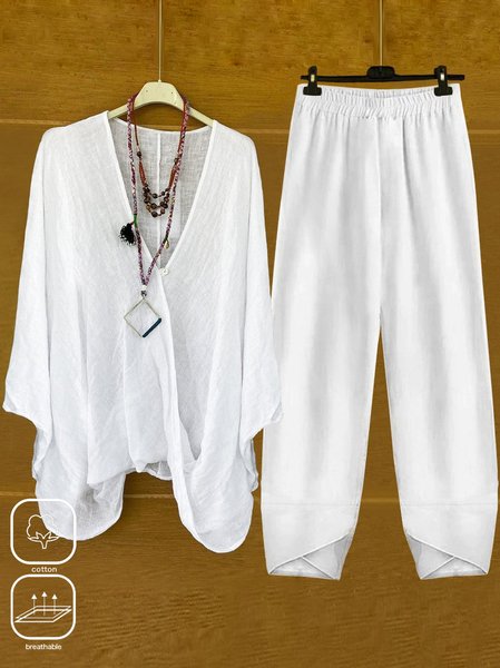 

Casual Loose V Neck Plain Two-Piece Set, White, Suits