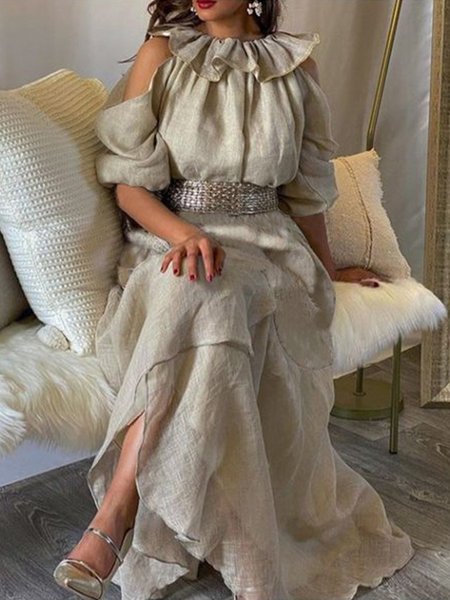 

Casual Plain Shawl Collar Loose Dress With No Belt, As picture, Maxi Dresses