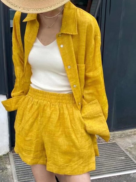 

Shirt Collar Casual Loose Daily Two-Piece Set, Yellow, Two-piece Set