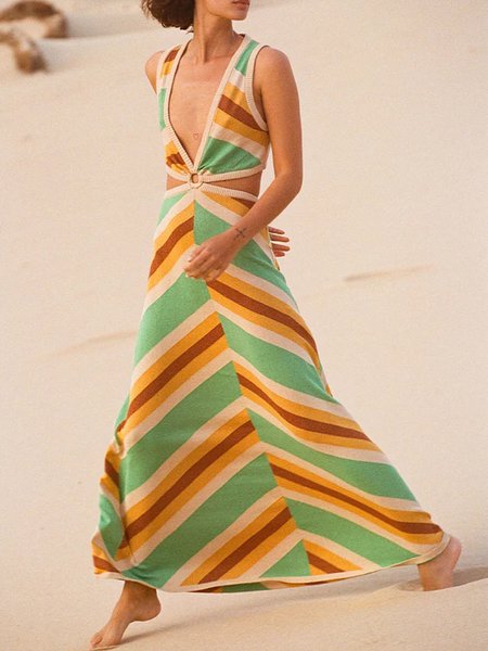 

Women Geometric V Neck Sleeveless Comfy Simple Maxi Dress, Multicolor, Maxi