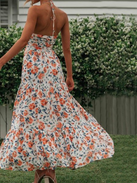 

Women Floral Spaghetti Gallus Comfy Casual Maxi Dress, Red, Maxi