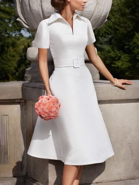 Elegant Plain Regular Fit Shirt Dress With Belt, White, Midi Dresses