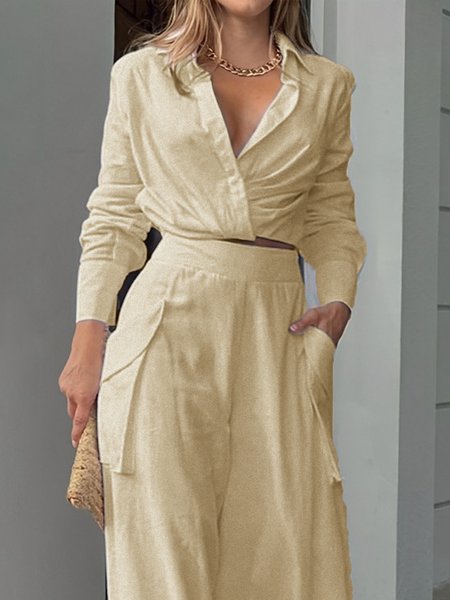 

Casual Regular Fit Plain Shirt Collar Blouse, Light khaki, Blouses and Shirts