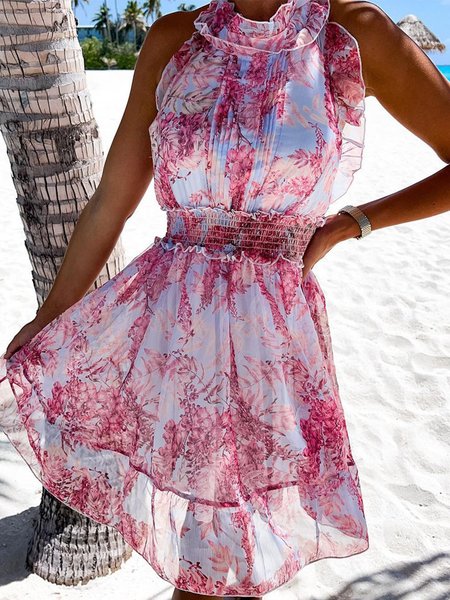 

Women Floral Stand Collar Sleeveless Comfy Casual Short Dress, Pink, Short