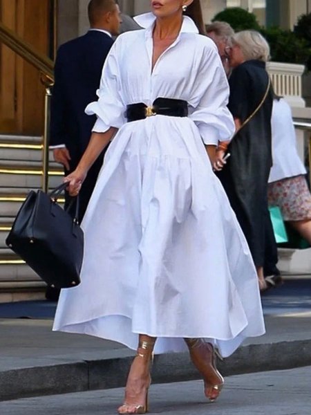 

Elegant Plain Classic Regular Fit Shirt Dress, White, Maxi Dresses