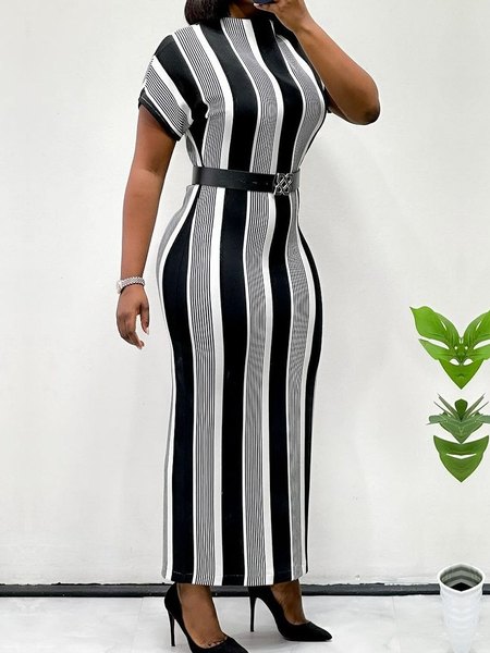 

Medium Elasticity Tight Stand Collar Short Sleeve Elegant Dress With No Belt, As picture, Maxi Dresses