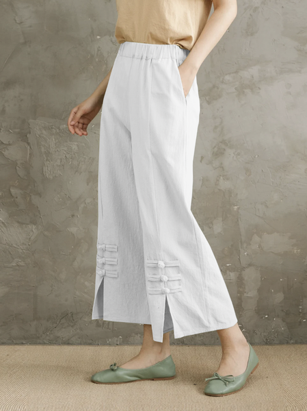 

Cotton Loose Simple Plain Linen Style Pants, White, Pants