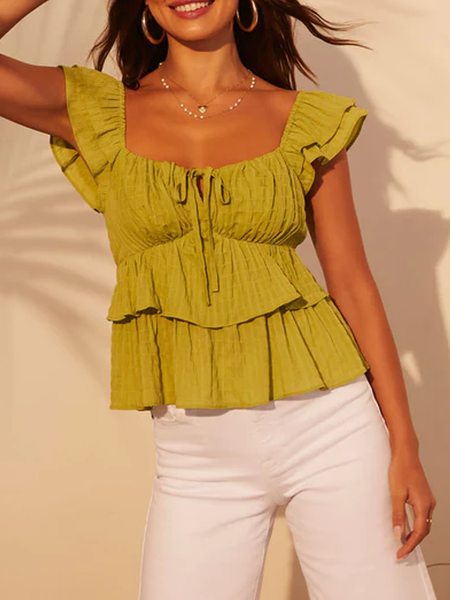 

Square Neck Short Sleeve Plain Lace Regular Regular Fit Shirt For Women, Green, Tanks & Camis
