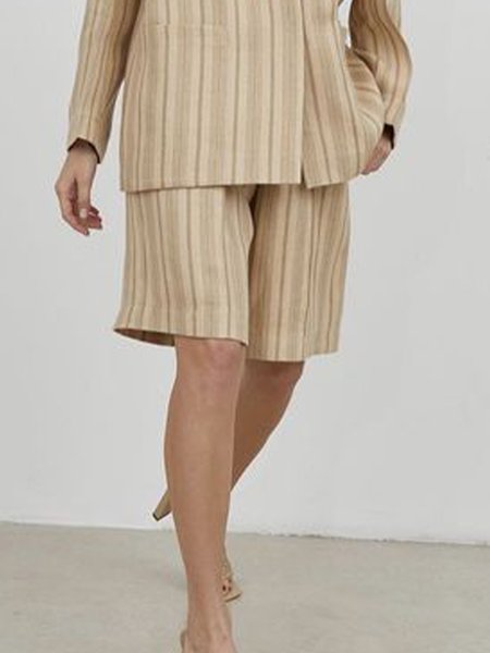 

Regular Fit Striped Casual Straight Shorts, Khaki, Shorts