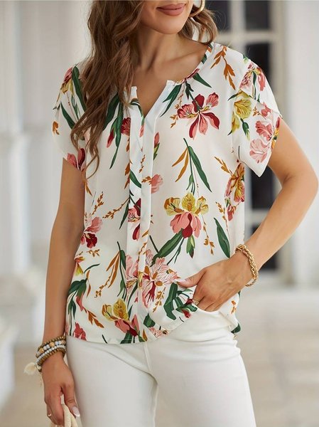 

Loose Floral V Neck Casual Shirt, Off white, Shirts & Blouses