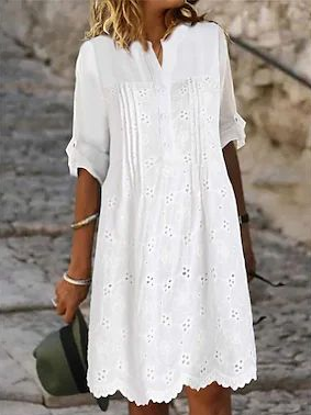 

Casual Plain Loose V Neck Linen Style Dress, White, Midi Dresses