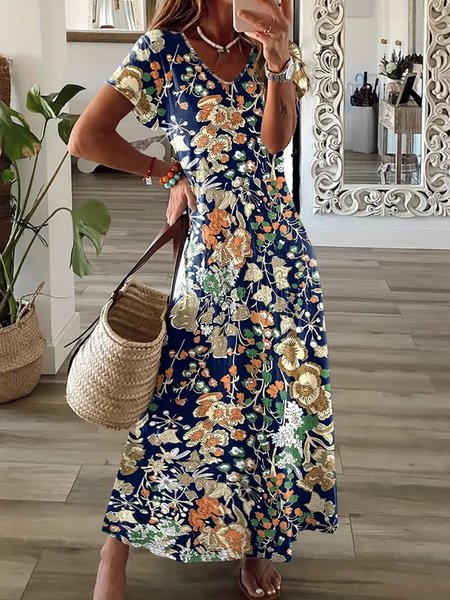 

Women's Short Sleeve Summer Floral V Neck Daily Going Out Casual Maxi A-Line T-Shirt Dress Dress Blue, Dresses