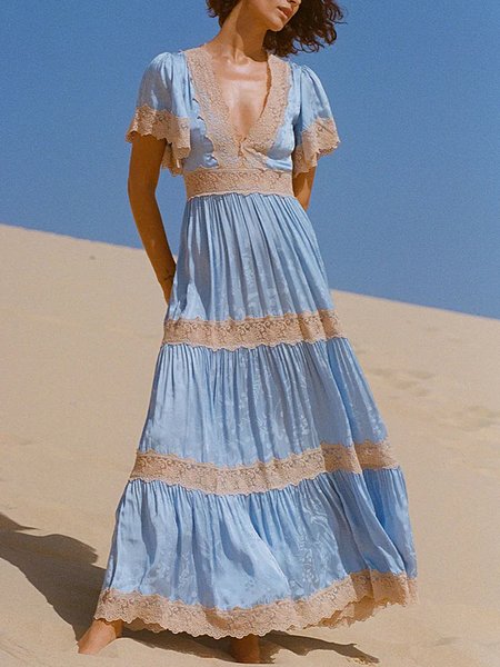 

Women Plain V Neck Short Sleeve Comfy Simple Maxi Dress, Blue, Maxi