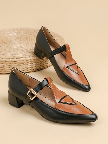 

Urban Color Block Non-Slip Adjustable Buckle Low Heel T-Strap, Deep brown, Flats/Loafers