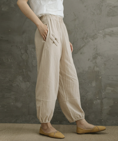 

Cotton Plain Casual Loose Linen Style Pants, Light khaki, Pants
