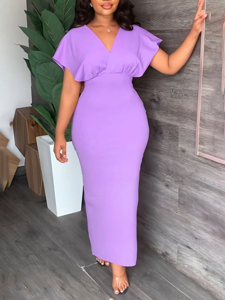 

V Neck Elegant Regular Fit Dress, Purple, Maxi Dresses