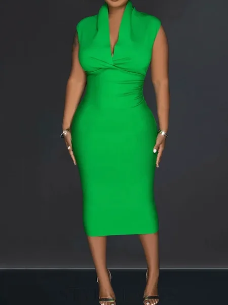 

Tight Micro-Elasticity Elegant V Neck Sleeveless Plain Tight Midi Dress, Green, Midi Dresses