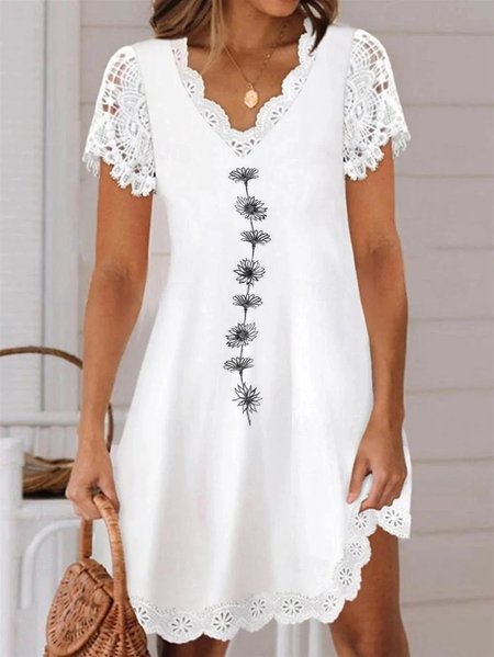 

Knitted V Neck Casual Floral Dress With No, White, Dresses