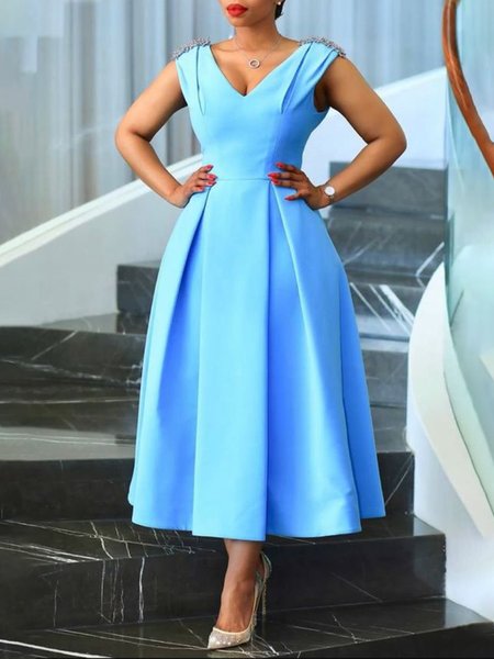 

Midi Regular Fit Plain V Neck Urban Dress, Blue, Midi Dresses