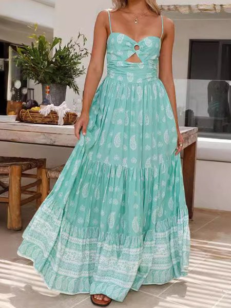 

Women Plants Spaghetti Gallus Comfy Casual Maxi Dress, Green, Maxi