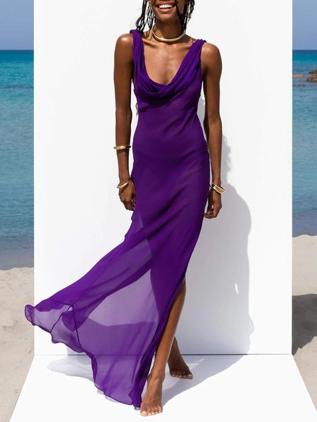 

Women Plain Deep V Neck Sleeveless Comfy Simple Maxi Dress, Purple, Maxi