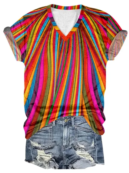 

Loose Crew Neck Casual Abstract Stripes T-Shirt, As picture, T-shirts