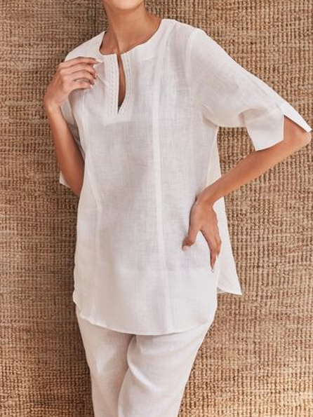 

Loose V Neck Cotton-Blend Simple Linen Style Shirt, White, Blouses & Shirts