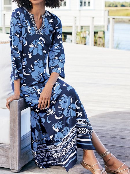 

Women Floral V Neck Three Quarter Sleeve Comfy Vacation Maxi Dress, Purplish blue, Midi