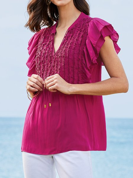 V Neck Short Sleeve Plain Regular Loose Shirt For Women, Rose red, Blouses