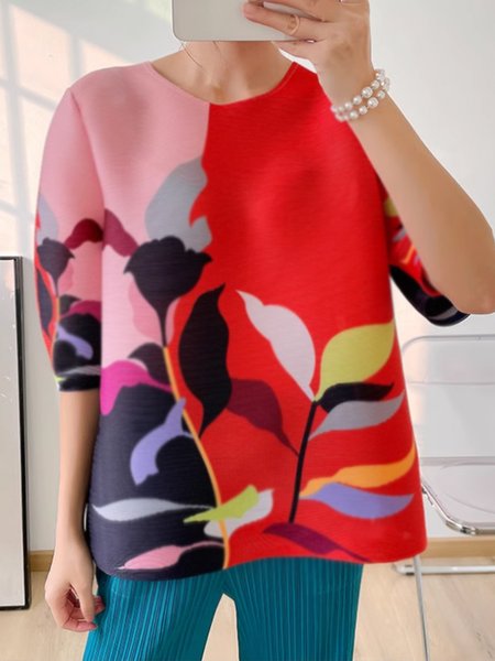 

Floral Crew Neck Casual Loose Shirt, Red, Blouses and Shirts