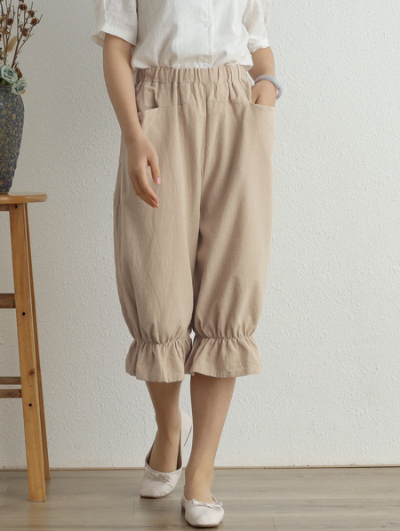 

Plain Loose Cotton Simple Linen Style Pants, Khaki, Pants