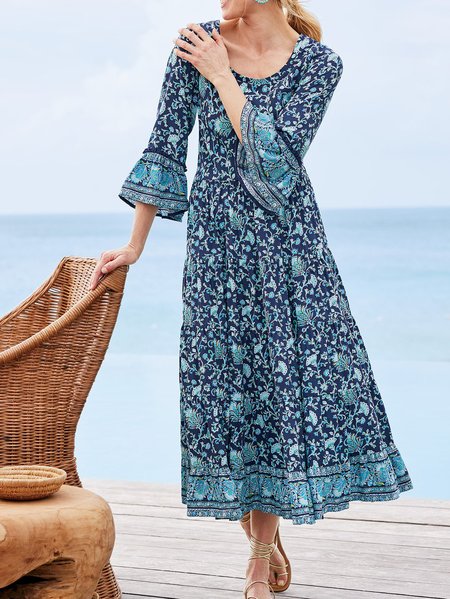 

Women Floral Crew Neck Three Quarter Sleeve Comfy Vacation Maxi Dress, Purplish blue, Maxi