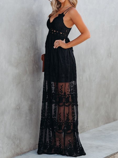 

Women Plain V Neck Sleeveless Comfy Casual Lace Maxi Dress, Black, Maxi