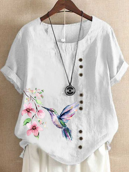 

Cotton Simple Crew Neck Loose Linen Style Shirt, White, Blouses & Shirts