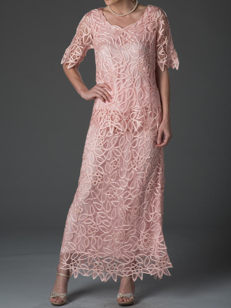 

V Neck Elegant Plain Lace Two-Piece Set, Pink, Dresses