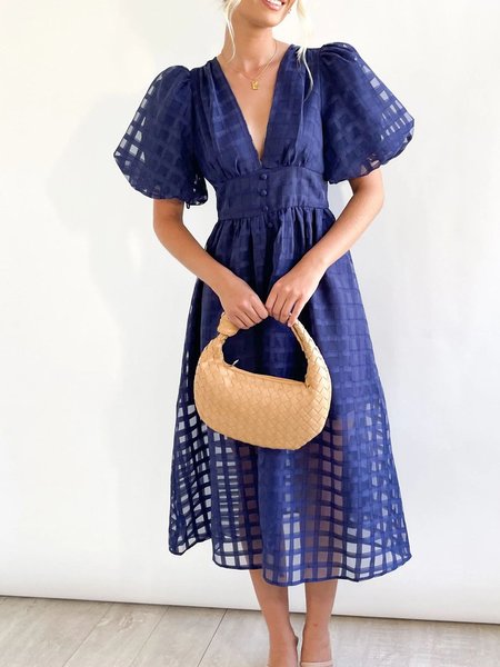 

Women Plain V Neck Short Sleeve Comfy Casual Maxi Dress, Navyblue, Midi