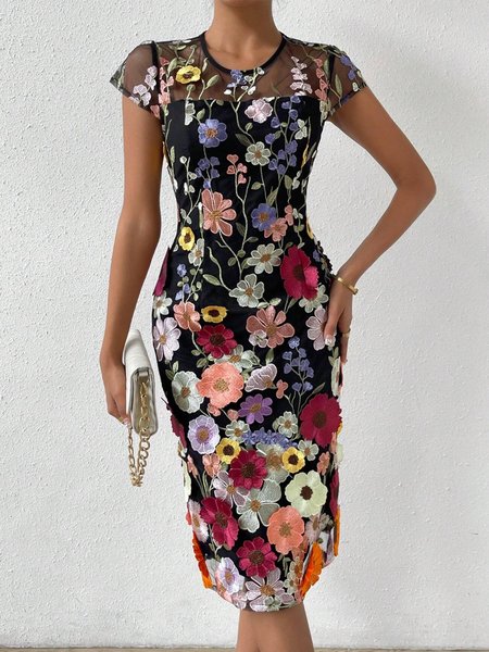 

Elegant Floral Crew Neck Embroidery Dress, Black, Midi Dresses