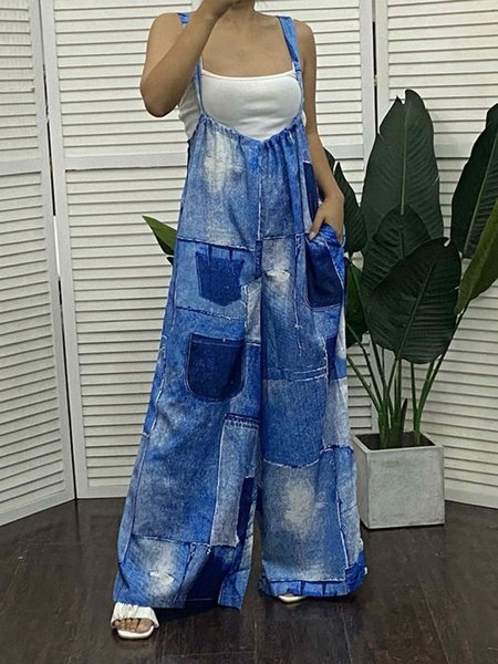 

Daily Pocket Stitching Loose Casual Jumpsuit, Blue, Jumpsuits