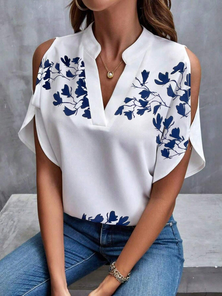

Loose Casual Floral V Neck Shirt, White, Shirts & Blouses