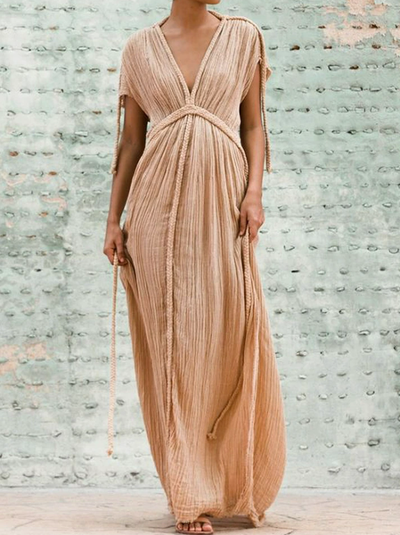 

Women Plain V Neck Short Sleeve Comfy Vacation Lace Maxi Dress, Khaki, Maxi