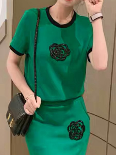 

Loose Short Sleeve Casual Crew Neck Floral T-Shirt, Green, Tees