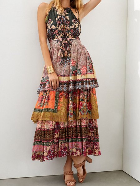

Women Floral Spaghetti Sleeveless Comfy Vacation Maxi Dress, Black, Maxi