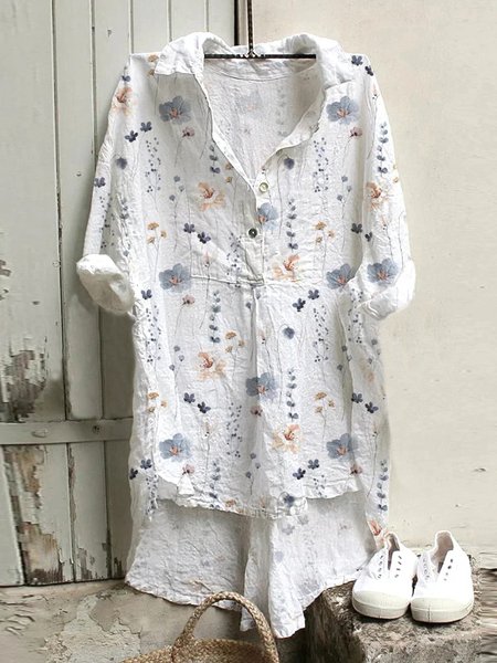 

Loose Floral Casual Shirt Collar Shirt, White, Shirts & Blouses