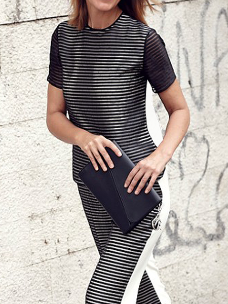 

Loose Micro-Elasticity Urban Color Block Crew Neck Short Sleeve T-Shirt, As picture, Tees