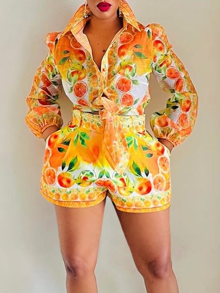 

Vacation Shirt Collar Fruit Loose Long Sleeve Blouse, Orange, Blouses and Shirts