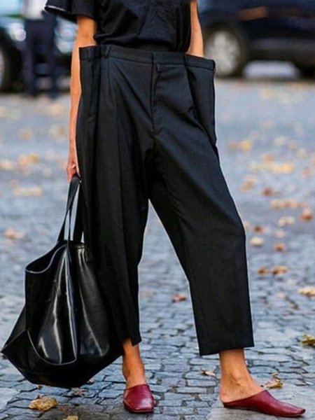 

Casual Plain Regular Fit Ankle Pants, Black, Pants