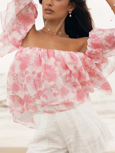 

Boat Neck Short Sleeve Floral Regular Loose Shirt For Women, Pink, Blouses